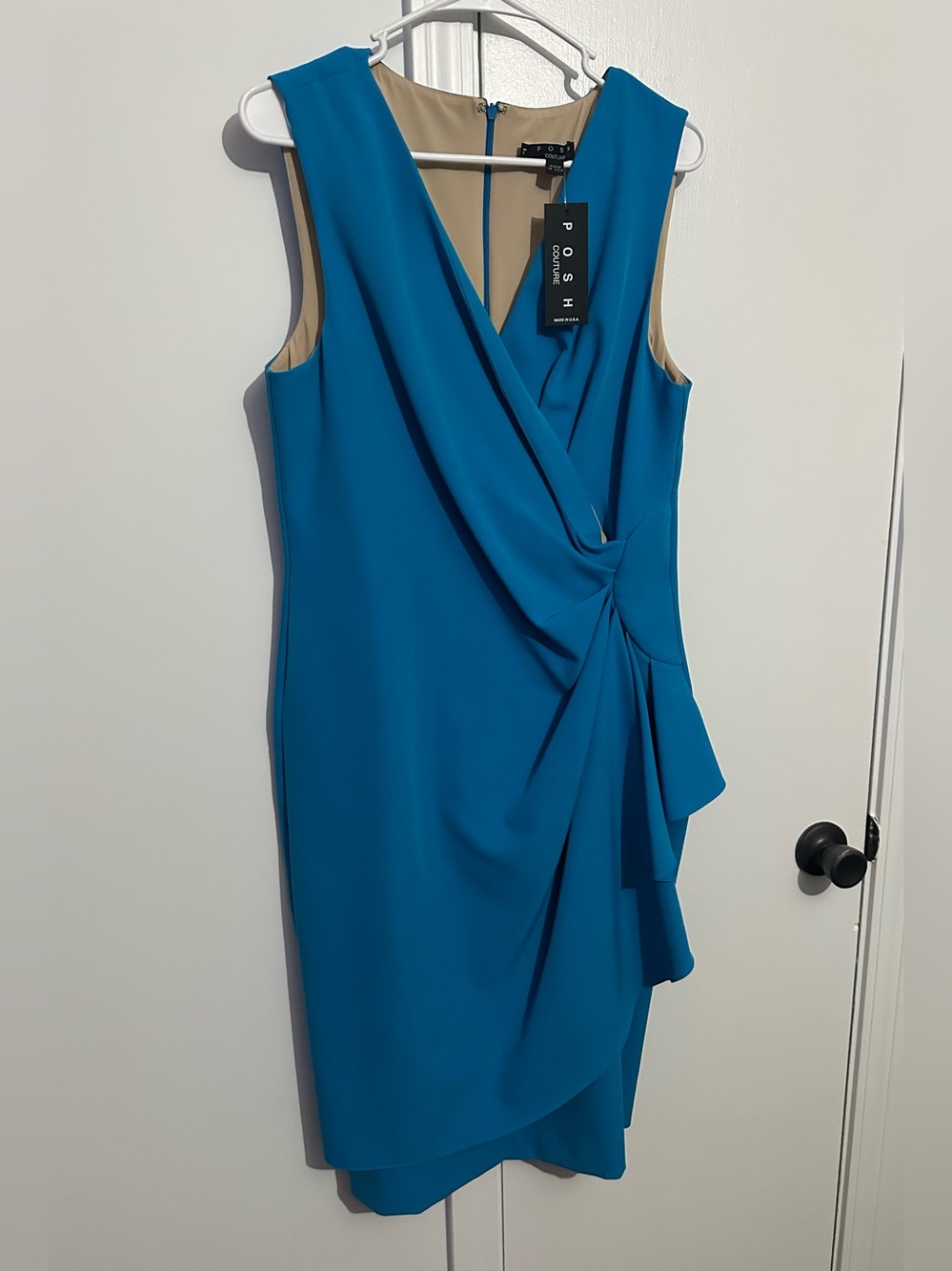 Posh Couture Teal One-Shoulder Draped Knot Sheath Dress